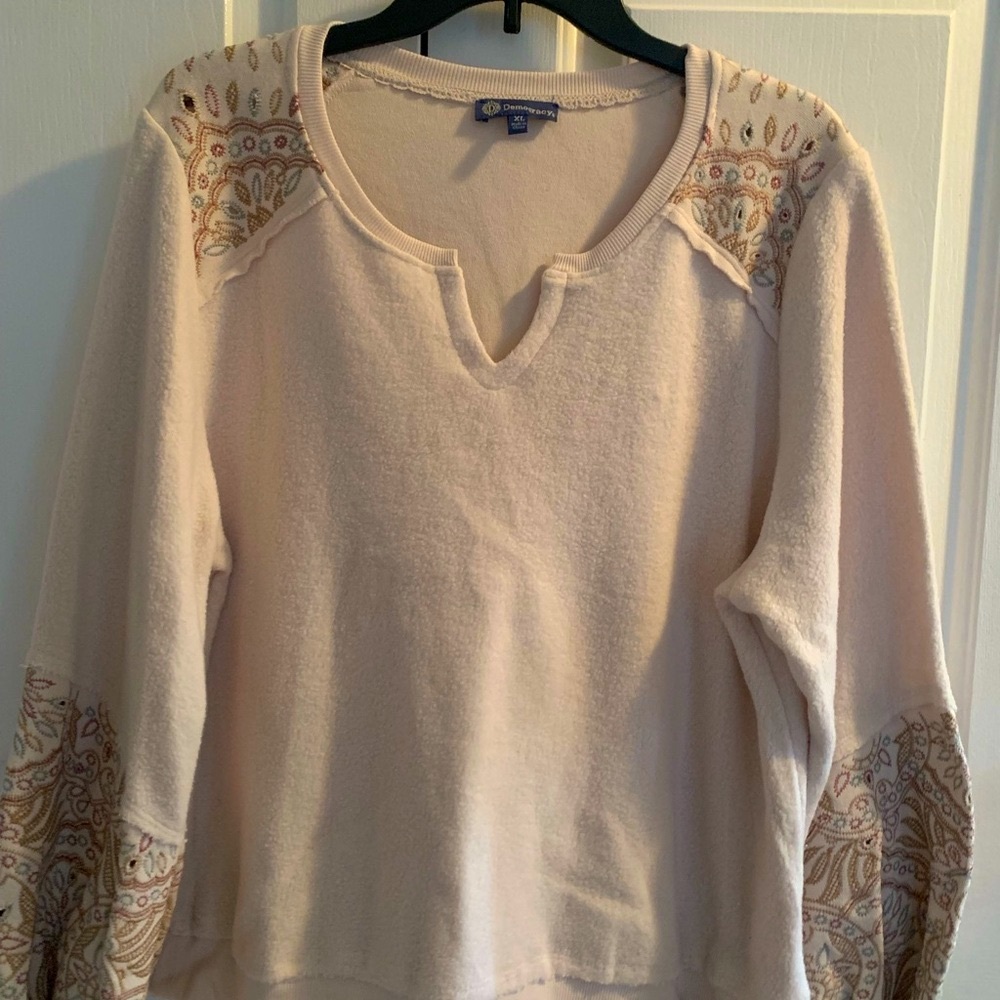Democracy Long Blouson Sleeve Die Cut Embroidered Soft Sweatshirt, Ivory - Picture 9 of 10